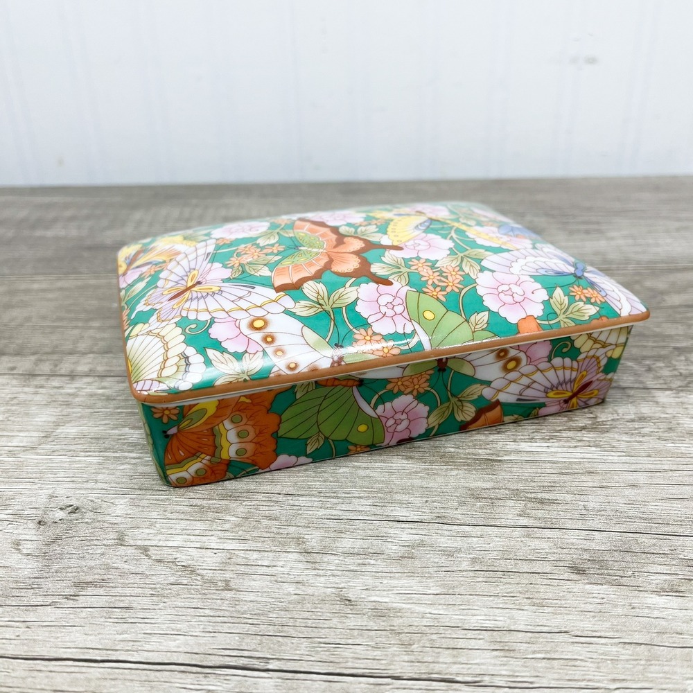 Neiman Marcus Vintage Porcelain Butterfly Floral Trinket Box Japan Divided Tray